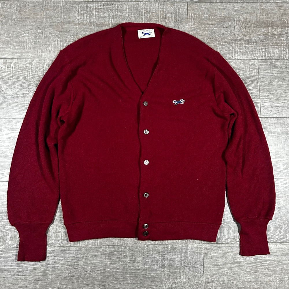 Vintage JCPenney The Fox Sweater Cardigan Burgundy Red XL V-Neck 80s Retro Mens